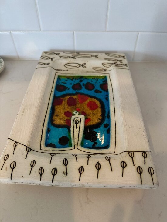 NINA BERNARDI EARTHENWARE WITH FUSED GLASS BOX DRESSER BOX  One of a Kind Earthenware Ceramic Tray w Fused Glass - Handmade by Nina Bernardi
